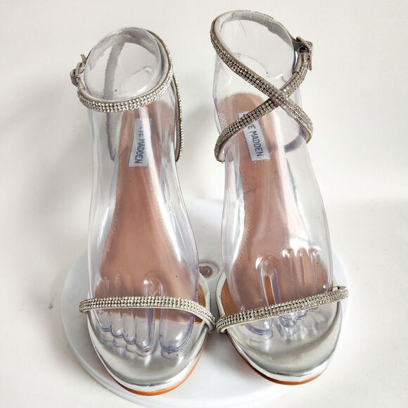 Steve Madden 8.5 Pumps Strappy Rhinestones Formal Dressy Silver Open Toe Heels - Picture 5 of 9